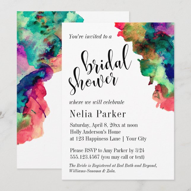 Modern Colorful Watercolor Bridal Shower 1 Invitation (Front/Back)