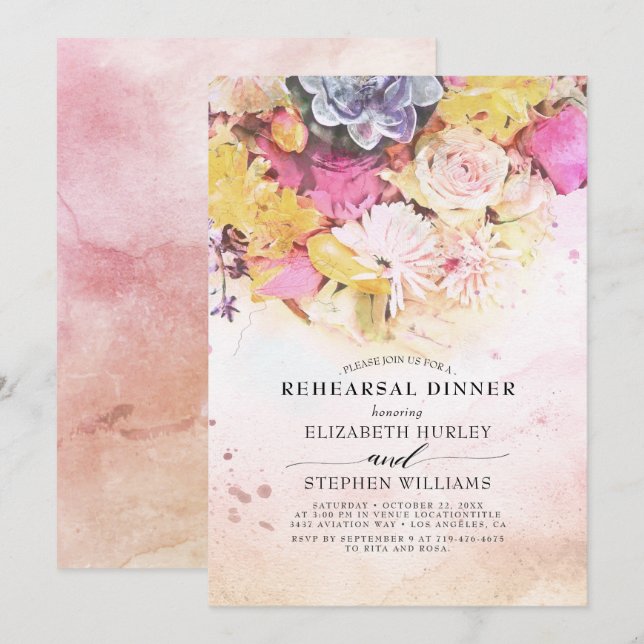 Modern Colorful Watercolor Floral Rehearsal Dinner Invitation (Front/Back)