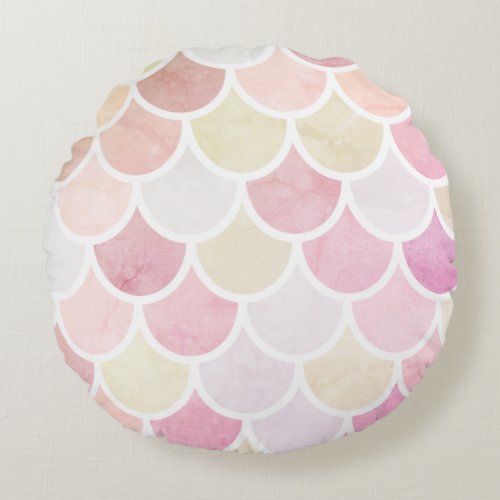 Modern Colorful Watercolor Mermaid Scales Pattern Round Pillow