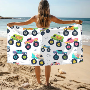 Modern Colorful Watercolor Monster Car Trucks Beach Towel