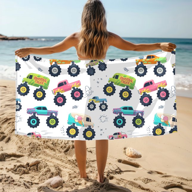 Modern Colorful Watercolor Monster Car Trucks Beach Towel (Creator Uploaded)
