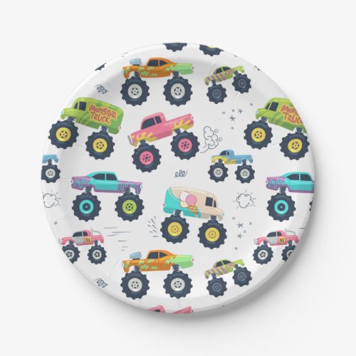 Modern Colorful Watercolor Monster Car Trucks Paper Plates