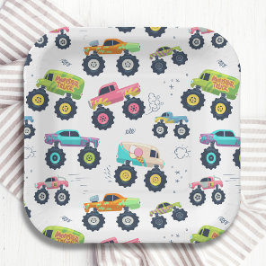 Modern Colorful Watercolor Monster Car Trucks Paper Plates