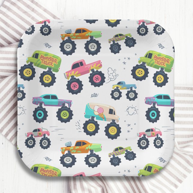 Modern Colorful Watercolor Monster Car Trucks Paper Plates (Creator Uploaded)