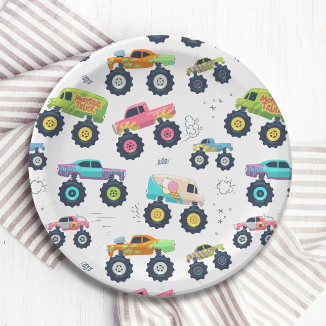 Modern Colorful Watercolor Monster Car Trucks Paper Plates (Creator Uploaded)