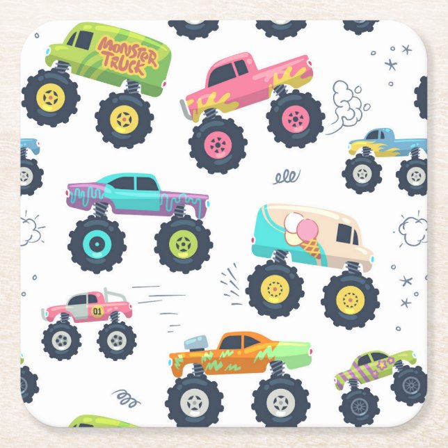 Modern Colorful Watercolor Monster Car Trucks Square Paper Coaster (Front)