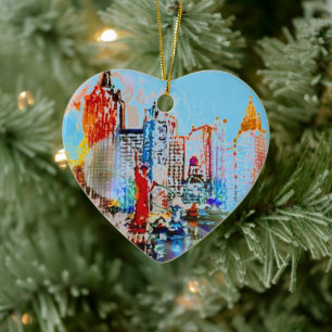 Modern colorful watercolor NYC blue heart Ceramic Ornament