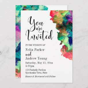 Modern, Colorful Watercolor Typography Wedding Invitation
