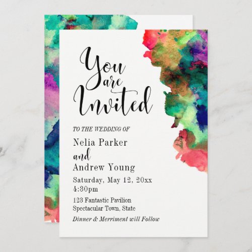 Modern Colorful Watercolor Typography Wedding Invitation