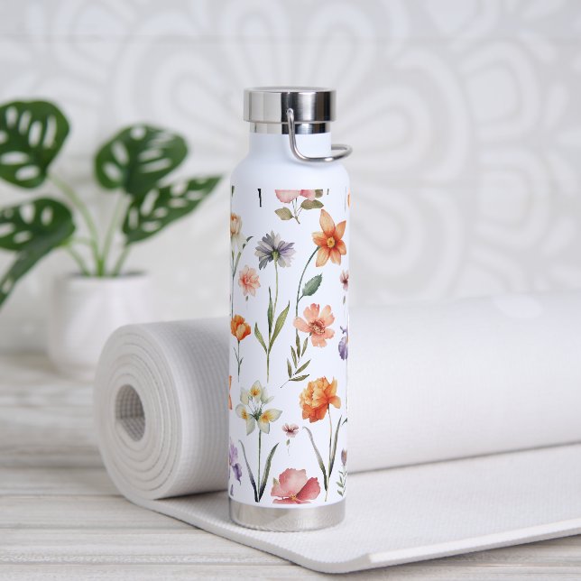 Modern Colorful Watercolor Wildflower Pattern Water Bottle (Yoga)