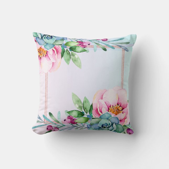 Modern Colorful Watercolors Flowers & Green Cactus Throw Pillow (Front)