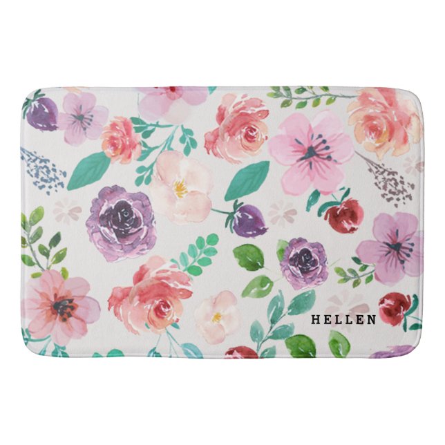 Modern Colorful Watercolors Flowers Pattern Bath Mat (Front)
