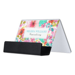 Modern Colorful Watercolors Flowers Pattern Desk Business Card Holder