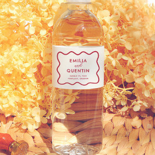 Modern Colorful Wavy Frame Retro Red Wedding Water Bottle Label