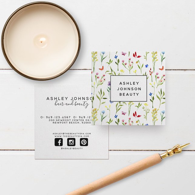 Modern Colorful Wild Flowers Pattern Feminine Square Business Card (Creator Uploaded)