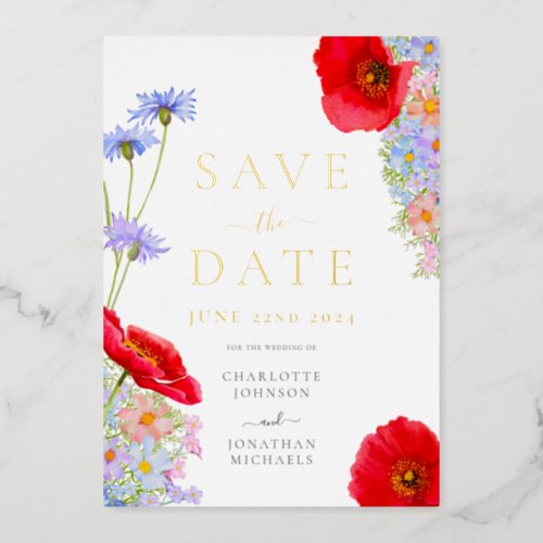 Modern Colorful Wildflower Wedding Gold Foil Invitation