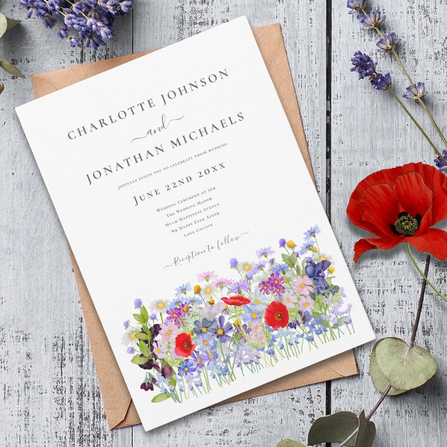 Modern Colorful Wildflower Wedding Invitation (Modern colorful wildflower meadow wedding invitation with boho chic red poppy blue cornflower)