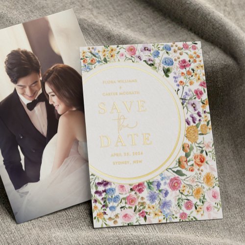 Modern Colorful Wildflower Wedding Save the Date Foil Invitation