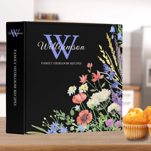 Modern Colorful Wildflowers Monogram Recipe  3 Ring Binder