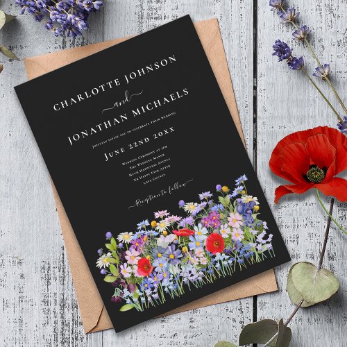 Modern Colorful Wildflowers on Black Invitation
