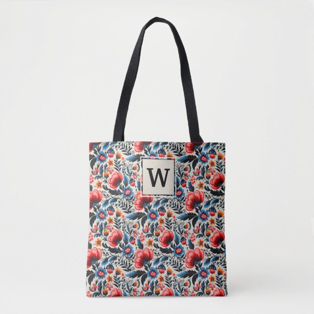 Modern Colorful Wildflowers with Custom Monogram Tote Bag (Front)