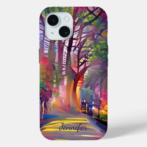 Modern colourful country lane  custom name iPhone 15 case