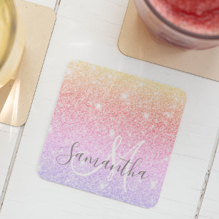 Modern Colourful Glitter Sparkles Personalised Nam Square Paper Coaster