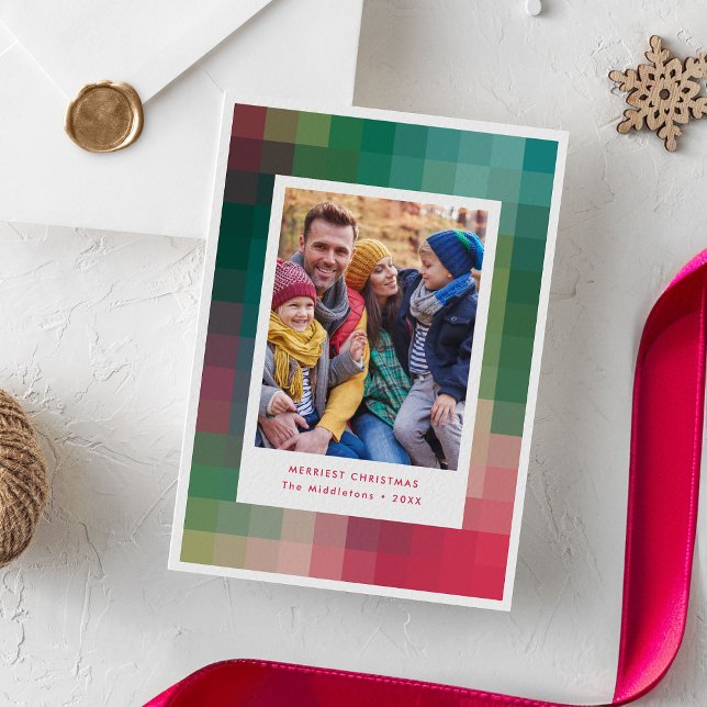 Modern Colourful Pixel Gradient Christmas Photo  Holiday Card (modern colourful gradient checkered pattern Christmas photo card)