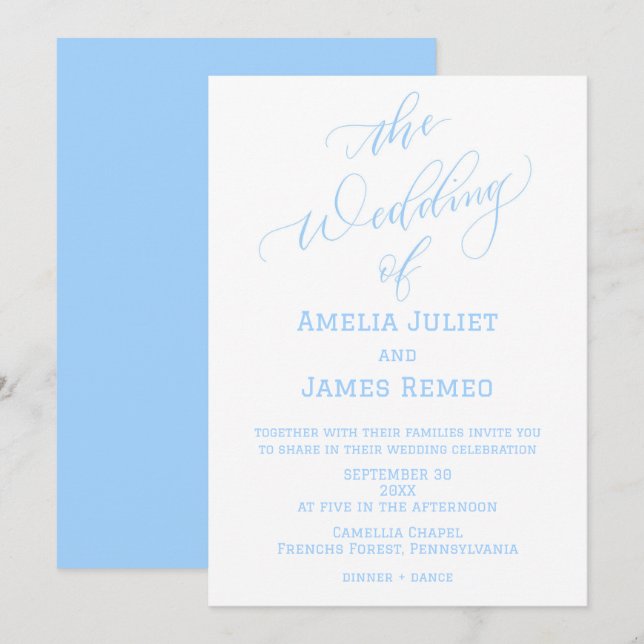 Modern Columbia Blue and White Simple Wedding Invitation (Front/Back)