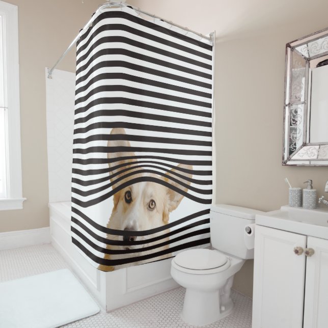 Modern combination funny dog Photo Stripes  Shower Curtain (In Situ)