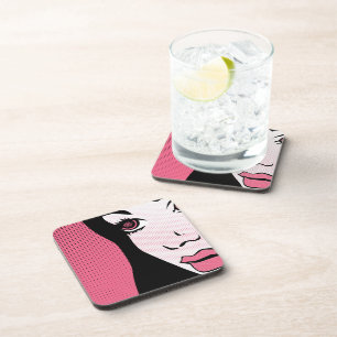Modern Comic Book Pop Art of Woman's Face Beverage Coaster