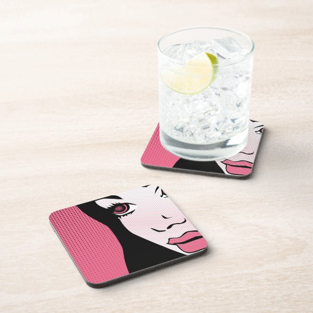 Modern Comic Book Pop Art of Woman's Face Beverage Coaster (Right Side)