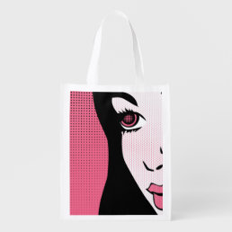 Modern Comic Book Pop Art of Woman&#39;s Face Grocery Bag