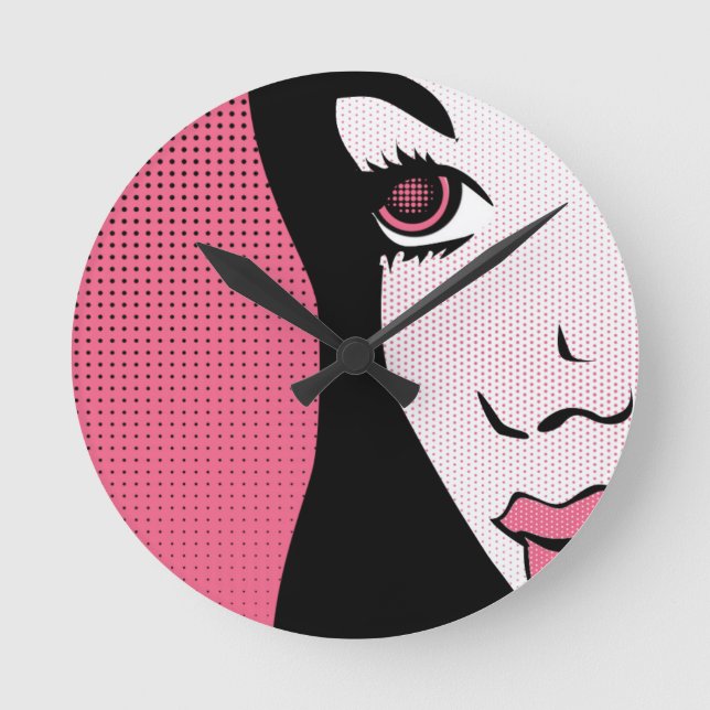 Modern Comic Book Pop Art of Woman's Face Round Clock (Front)