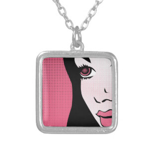 Modern Comic Book Pop Art of Woman's Face Silver Plated Necklace
