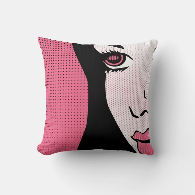 Modern Comic Book Pop Art of Woman's Face Throw Pillow (Front)