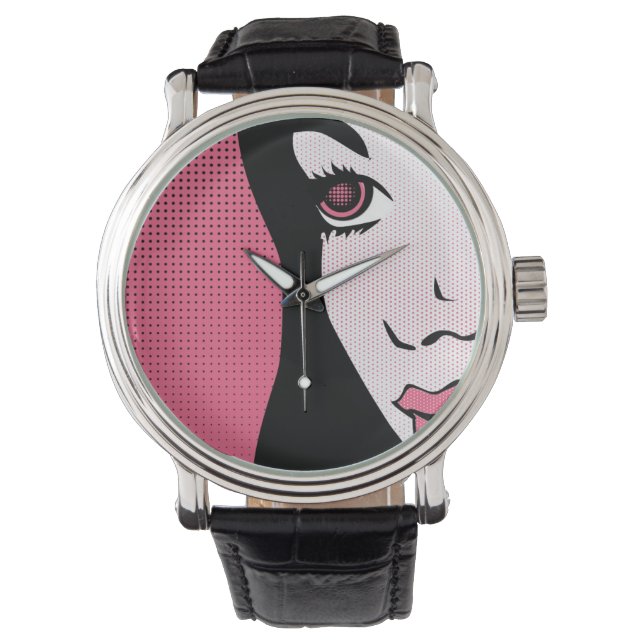 Modern Comic Book Pop Art of Woman's Face Watch (Front)