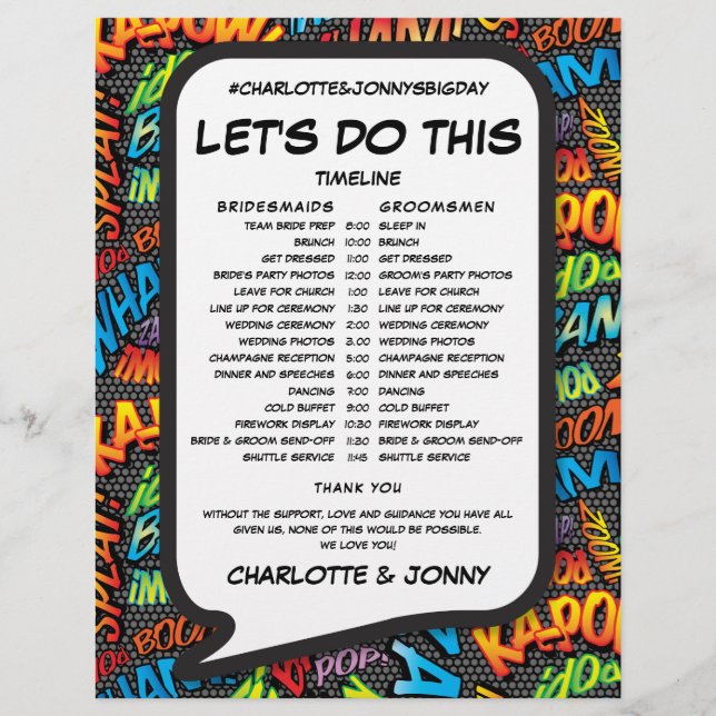 Modern Comic Book Wedding Schedule Timeline (Front)