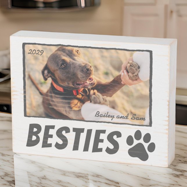 Modern Comic Pet Paw Bestie Best Friends BFF Photo Wooden Box Sign (Creator Uploaded)