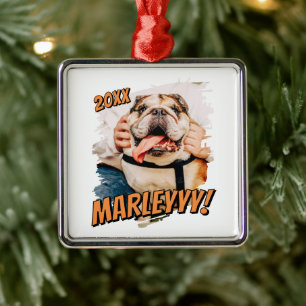 Modern Comic Simple Grunge Custom Pet Photo Metal Ornament