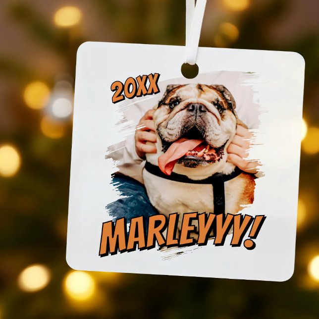 Modern Comic Simple Grunge Custom Pet Photo Metal Ornament (Creator Uploaded)