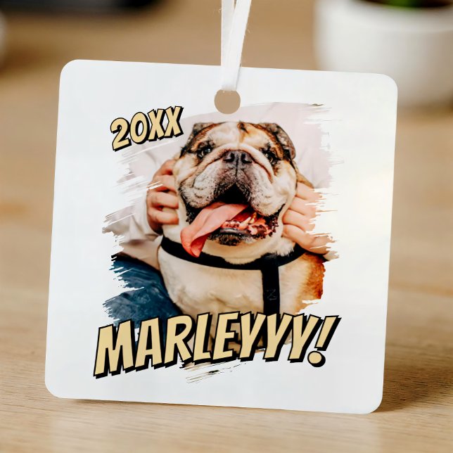 Modern Comic Simple Grunge Custom Pet Photo Metal Ornament (Creator Uploaded)