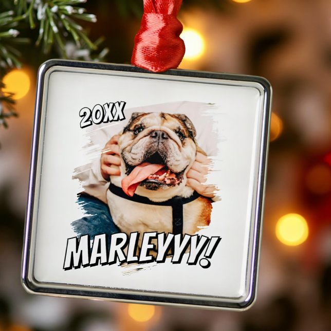 Modern Comic Simple Grunge Custom Pet Photo Metal Ornament (Creator Uploaded)