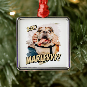 Modern Comic Simple Grunge Custom Pet Photo Metal Ornament