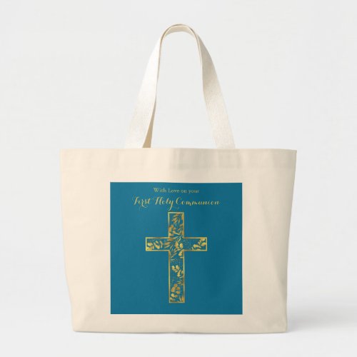 Modern communion blue gold cross  large tote bag