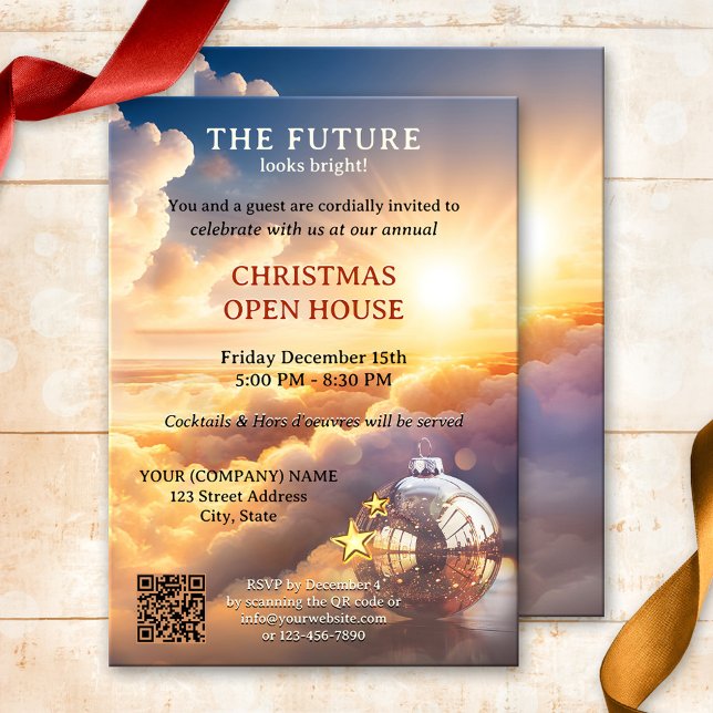 Modern Company Christmas Open House Invitation (Modern Christmas party or open house invitation featuring a sunrise and elegant Christmas ball)
