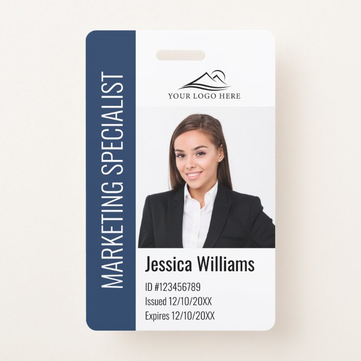 Modern Company Employee Photo Logo Name Blue ID Badge | Zazzle