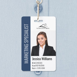 Modern Company Employee Photo Logo Name Blue ID Badge