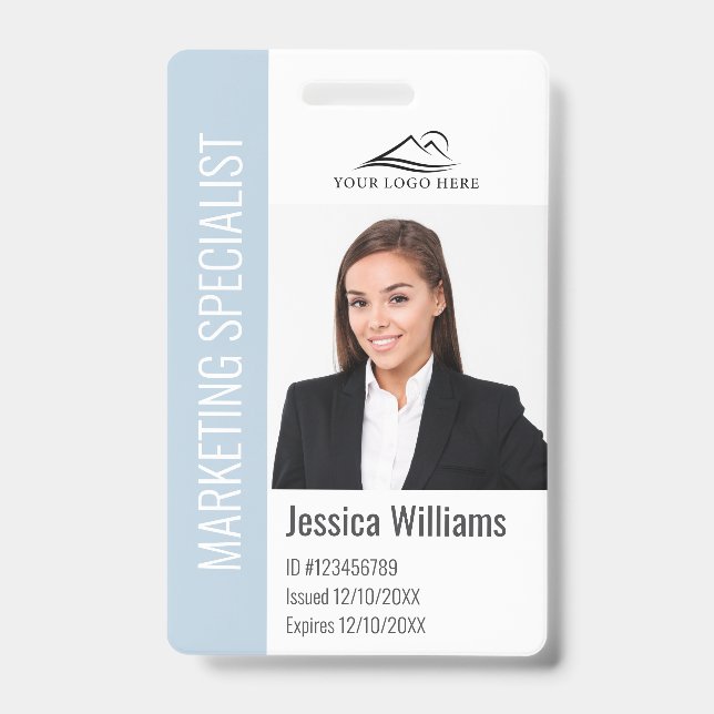 Modern Company Employee Photo Logo Name Dusty Blue Badge (Front)
