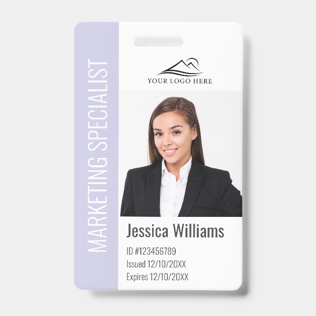 Modern Company Employee Photo Logo Name Lavender Badge (Front)